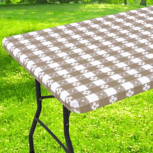 Rectangle Vinyl Table Cloth, Waterproof Elastic Fitted Tablecloth with Flannel Backing, Plastic Table Cover for Picnic, Camping, Outdoor (Khaki & White, 30"x96")
