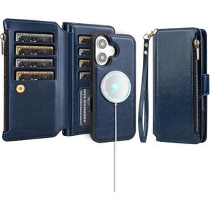 Antsturdy Compatible with Magsafe Magnetic 2 in 1 Detachable iPhone 17 Wallet Case with Credit Card Holder Slots,PU Leather RFID Blocking Phone Cover Wrist Strap Zipper Women Men,Dark Blue