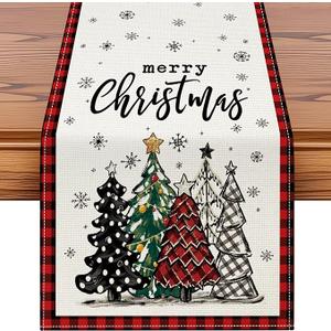 Merry Christmas Table Runner 13x36 Inch, Red and Black Buffalo Plaid Xmas Tree Snowflake Winter Holiday Farmhouse Kitchen Dining Table Decoration for Home Party, Red