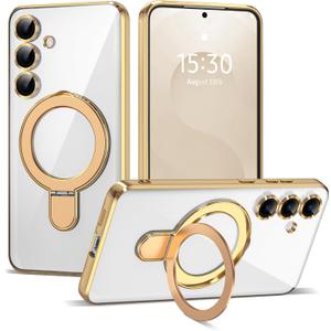 Compatible with Samsung Galaxy S25 Plus Case with Magnetic Ring Stand [Compatible with Mag-Safe] [Full Camera Lens Protector] Plating Clear Phone Case for S25 Plus 6.7", Gold