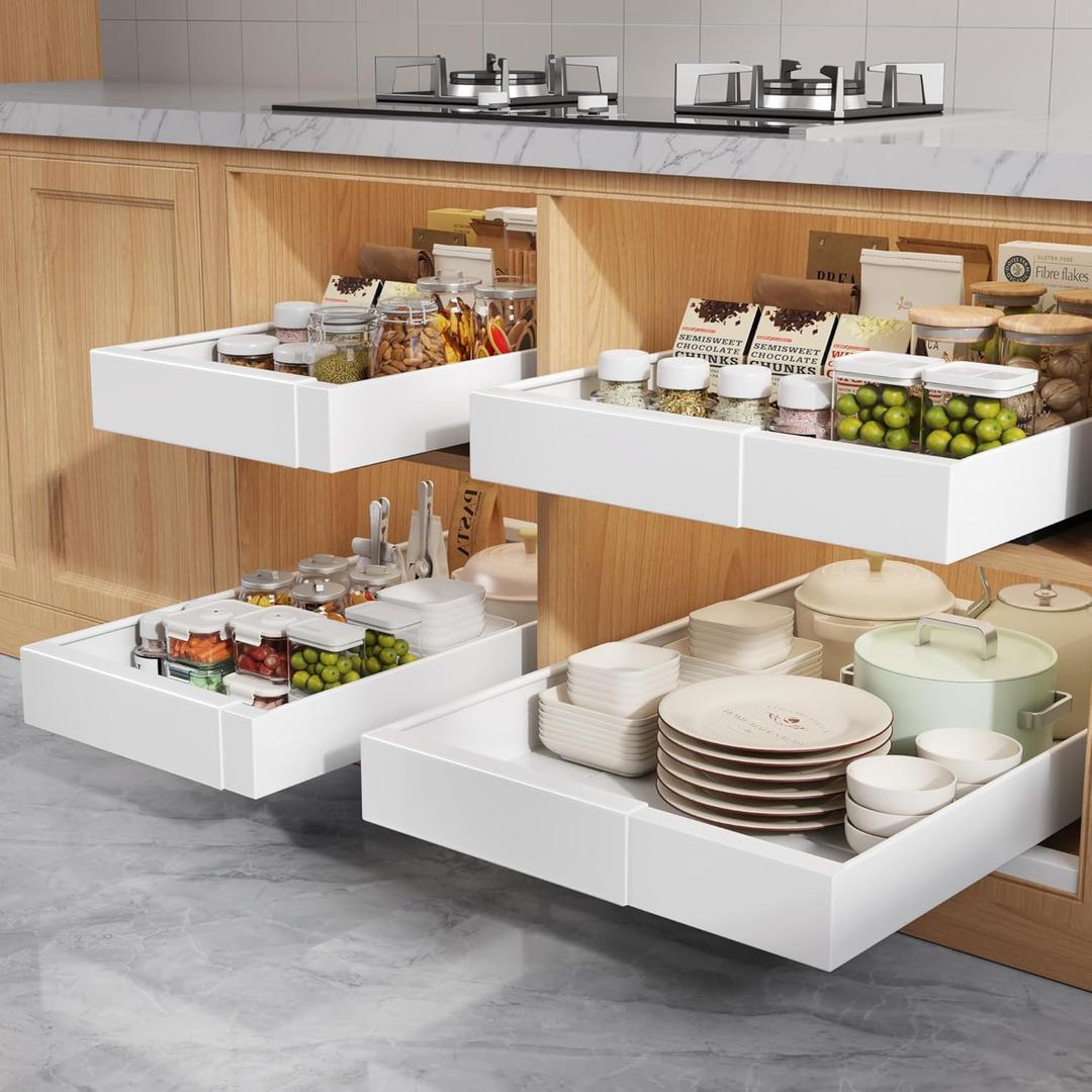 4 Pack Pull Out Cabinet Organizers 21" Deep With Raising Pad for Framed Cabinets, Expandable Width (9"-14") Slide Out Drawers Upgrade 3 Slide Rails, Roll Out Shelves Adhesive, White