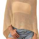 Off The Shoulder Sheer Crochet Vacation Outfits Poncho Sweater Top Summer Beach Cover Up (Khaki) Medium