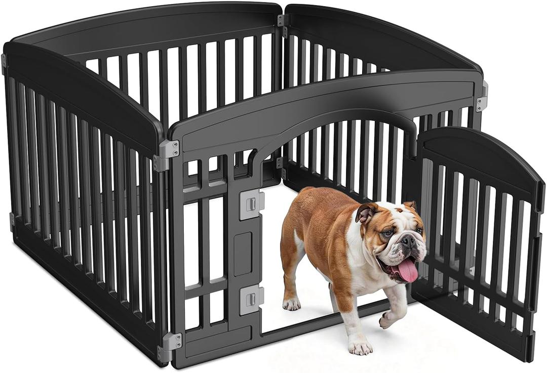 NEWBULIG Dog Playpen 4-Panel, 24IN Puppy Playpen, Stable Dog Play Pen Indoors/Outdoor with Secure Locking Door, Plastic Pet Fence for Small & Medium Dogs (Jet Black)