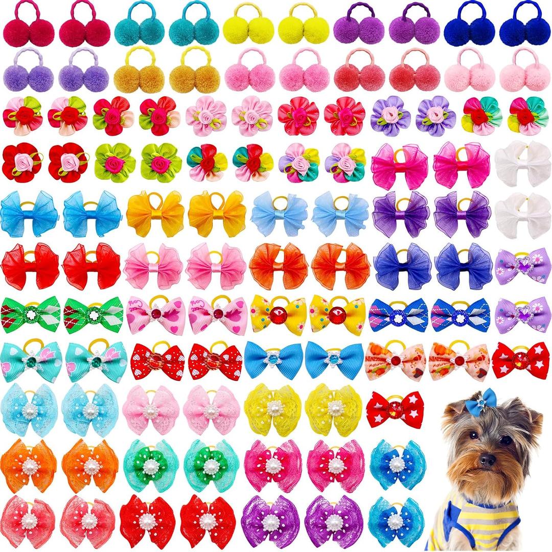 100pcs Dog Hair Bows, Bulk Cute Puppy Pet Small Dog Hair Bows with Rubber Bands, Mix Handmade Flower Puff Ball Rhinestone Pearls Dog Bows, Yorkie Dog Bows for Dog Hair Grooming Accessories