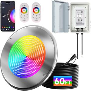 60W 10 Inch Smart LED Pool Lights for Inground Pool with 3 Way (WiFi Bluetooth APP/Remote/Controller), Multicolor Changing Underwater Swimming Pool Light for 10" Large Wet Niches - 60Ft