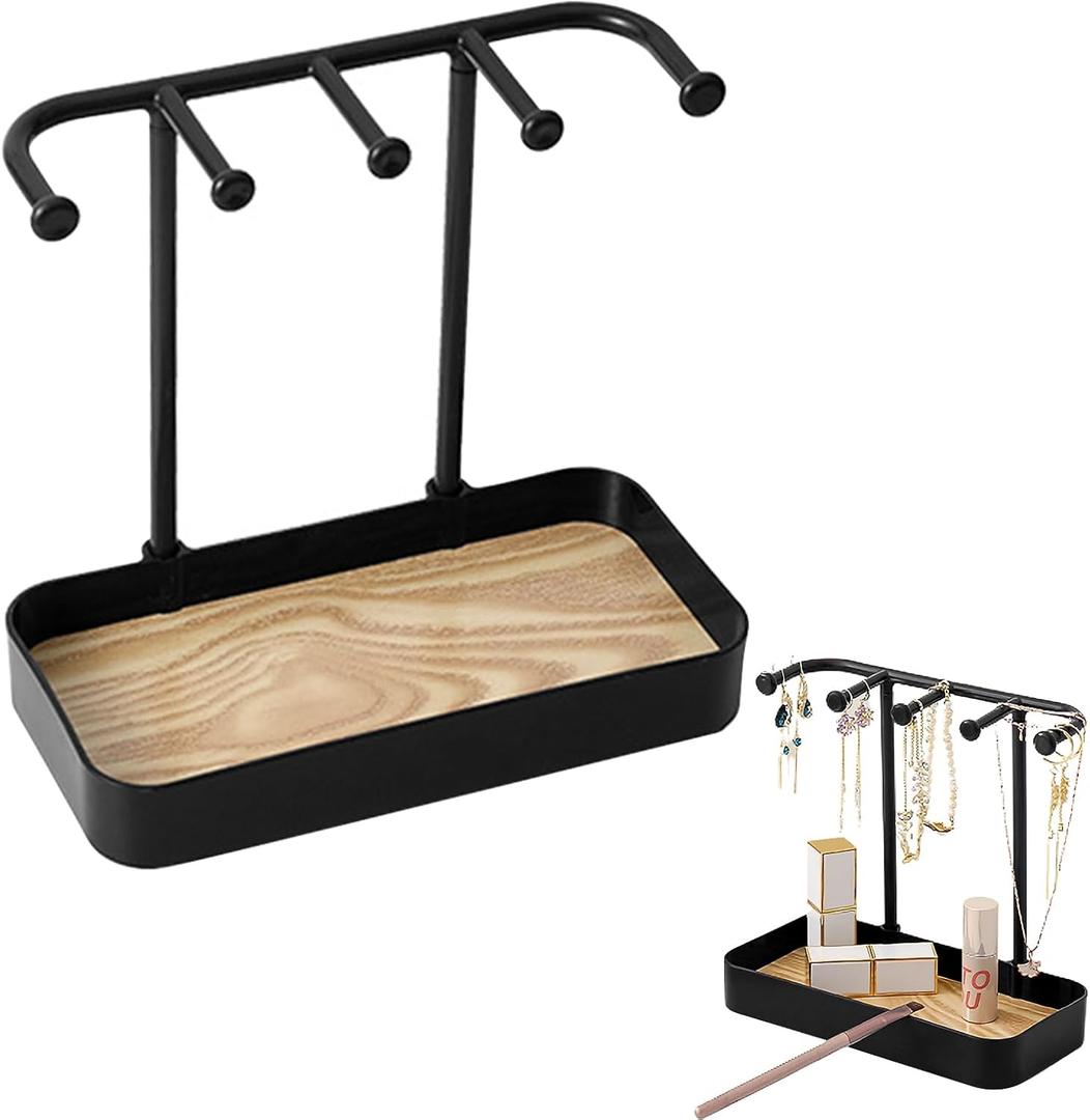Jewelry Organizer Stand, Necklaces Holder with Wooden Tray, Necklace Display Stand Jewelry Storage Hooks for Necklace, Bracelets, Earrings, Ring, Keys, Watches (Black)