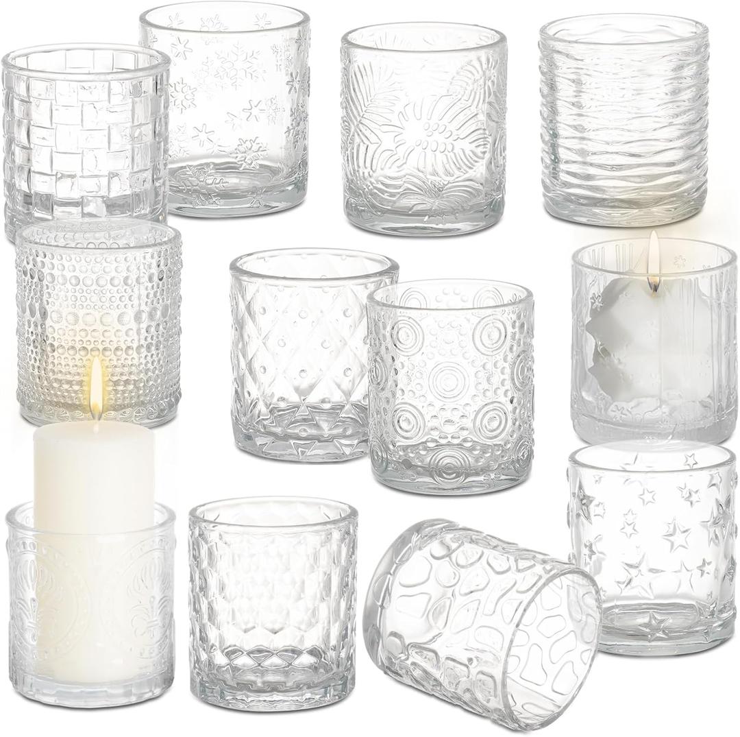 12pcs Assorted Votive Candle Holders - Clear Glass Tea Lights Candle Holder in Bulk, Tealight Candle Holder for Table Centerpiece Wedding Decor Home Decoration
