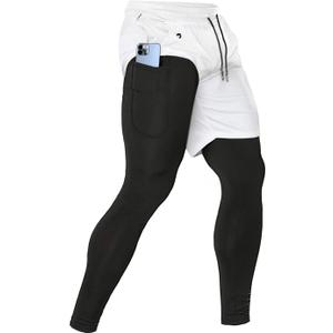Aolesy Men's 2 in 1 Running Pants, Gym Workout Compression Pants for Men Training Athletic (White, S)