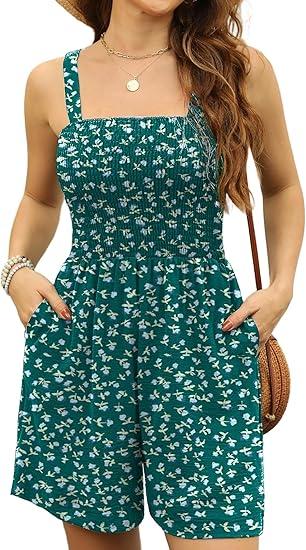 Buauty Women Summer Casual Smocked Rompers Sleeveless Loose Shorts Jumpsuits Boho Floral Short Overalls Beach Vacation Outfits, XL