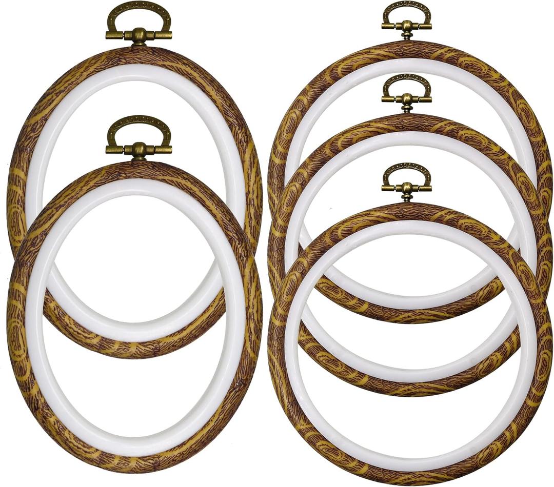 5 Pack Embroidery Hoops Set - 8" Round Embroidery Hoops, 9'' Oval Cross Stitch Hoops, Imitated Wood Grain Rings for Craft, Sewing, Needlework