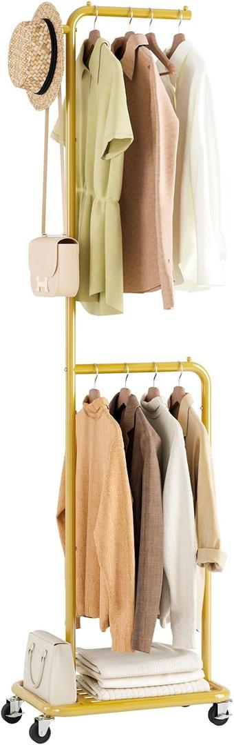 Small Clothes Rack with Wheels, 71" Portable Rolling Clothing Rack with Bottom Metal Shelf, Garment Rack with Hanging Rod, Sturdy Freestanding Coat Rack for Bedroom, Entryway, Gold