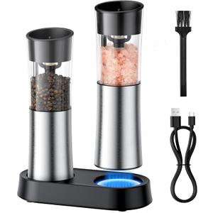 Electric Salt and Pepper Grinder Set  Gravity Rechargeable Salt Pepper Grinder with Charging Base and LED Light, Adjustable Coarseness, Large Capacity, One-handed Operation Salt Pepper Mills