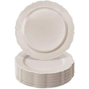 SILVER SPOONS 10.25" DISPOSABLE DINNERWARE PLATES | Premium Reusable Plastic | Vintage - Cream | 60 Pieces