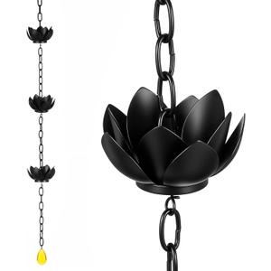 Rain Chain for Gutters Outside, 3.93ft Black Rain Chain with 5 Cups, Adjustable Lotus Rain Catcher, Metal Gutter Chain Downspout, Divert Rainwater for Gardens Patios & Home Decor, Easy Install