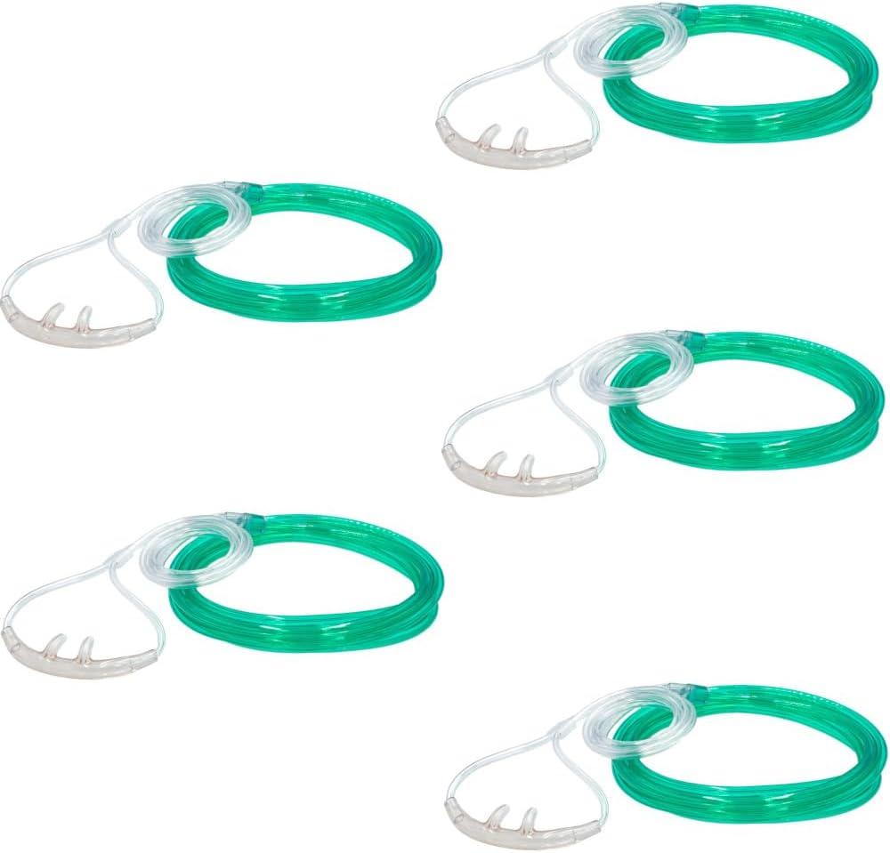 JWYN 5pk 7Ft Adult Oxygen Nasal Cannula, High Flow, Salter Style, Trumpet Connector (Green)