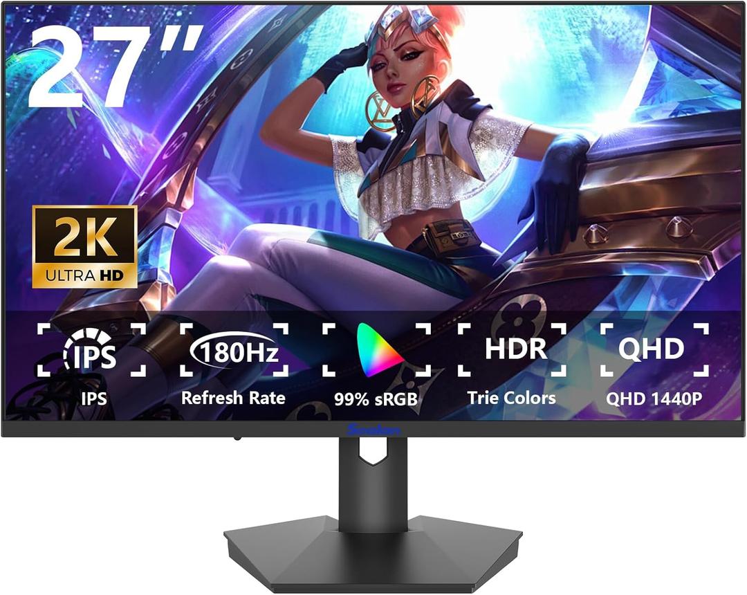 27 inch Gaming Computer Monitor, QHD 2560x1440, 180Hz,1ms, Height Adjustable ,Free Sync, sRGB 99% Color Gamut, HDR10,2X HDMI 2.0,2X Display Port, PC Monitor Support Wall Mount Install(75 * 75mm)