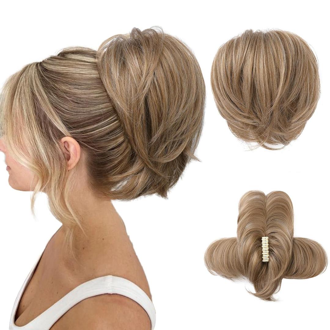 HOOJIH Ponytail Extension, Claw Clip in Straight Hair Bun Messy Bun 9 Inch Short Ponytail with Bendable Metal Wire Hair Pieces for Women Fake Hair Bun DIY Styles - Deep Blonde and Light Blonde