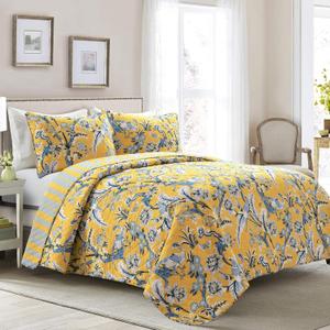 Lush Decor Dolores Reversible Cotton Quilt Queen Size 3 Piece Set Full/Queen Yellow & Blue - Tropical Bedding Set Queen - Floral Quilt - Cottage Decor