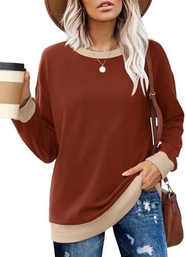 Besshopie Womens Long Sleeve Shirts Crewneck Casual Tunic Tops Fall Fashion Outfits, M, Caramel