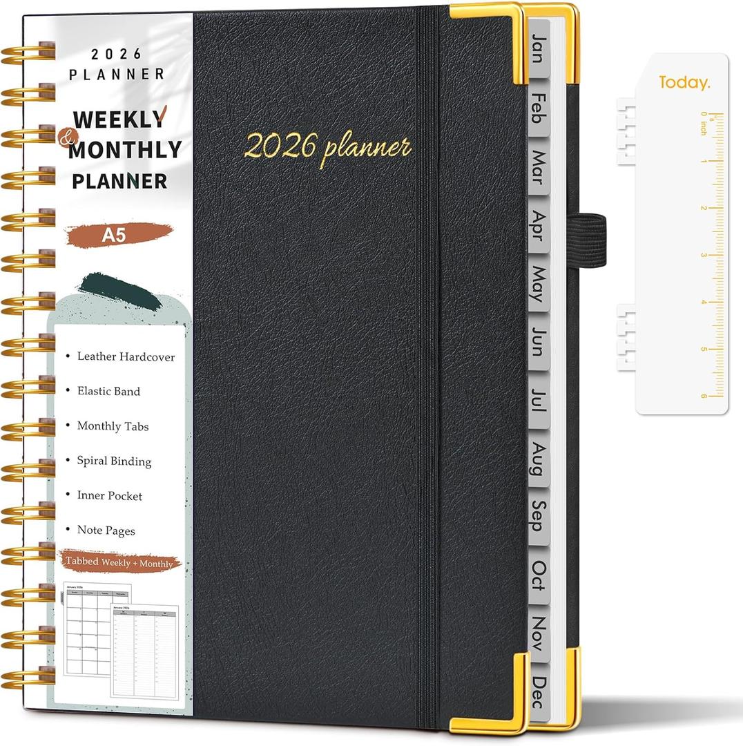 3 x 2026 Planner, Weekly and Monthly Calendar Planner from January 2026 - December 2026, 5.75" x 8.38" Hardcover Leather Hourly Appointment Book with Tabs, A5 Spiral Daily Planners for College School Work Home, Black