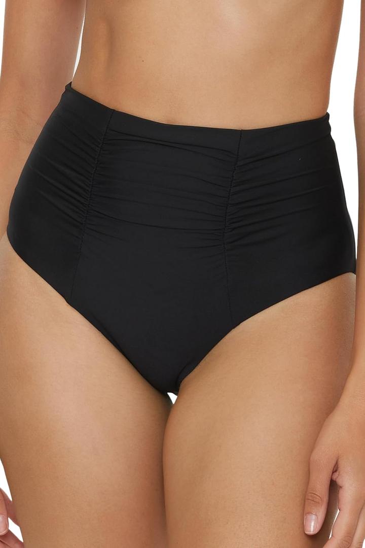 BECCA Color Code High Waisted Bikini Bottom, Shirred Seam, Cheeky Coverage, Swimwear Separates for Women (X-Small, Black (A))