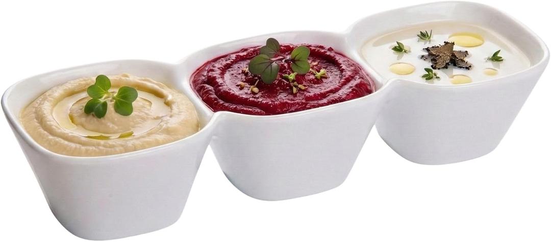 Restaurantware 18 Ounce Triple Bowl Serving Dish 1 Square Porcelain Condiment Tray - Serve Snacks Dips or Condiments For Parties Buffets Or Catering White Porcelain 3 Section Serving Dish