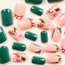 24Pcs Christmas Short Press on Nails Stripe French Tip Fake Nails Holly Green Crutch False Nails Xmas Gingerbread Man Winter Stick on Nails Christmas Glue on Nail for Women Holiday Manicure Kit