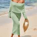 Saodimallsu Womens Off Shoulder Summer Maxi Dress Bell Long Sleeve Sexy Bodycon Strapless Sheer Beach Swimsuit Coverup (Green, S)