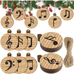 Gerrii 48 Pcs Christmas Music Ornaments Wood Treble Clef Music Hanging Sheet Nativity Ornament Bulk DIY Craft Cutouts Musical Gift Tags with Rope for Christmas Tree Decoration (Brown)