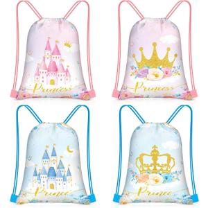 Censen 24 Pcs Drawstring Bags Set Bulk 12 x 10 Inch Princess Prince Party Favor Bags Crown Castle Floral Favor Gift Bag for Kids Gift Party Supplies (castle and Crown Style)