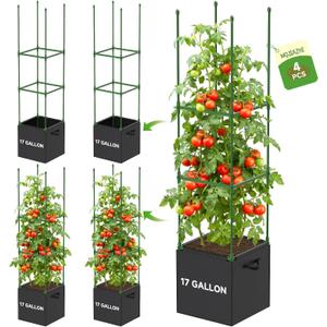 4 Pack Tomato Cages, 55inch Square Tomato Trellis with 17 Gallon Grow Bags, Tomato Plant Support Stakes for Garden Climbing Vegetables Flowers Fruits