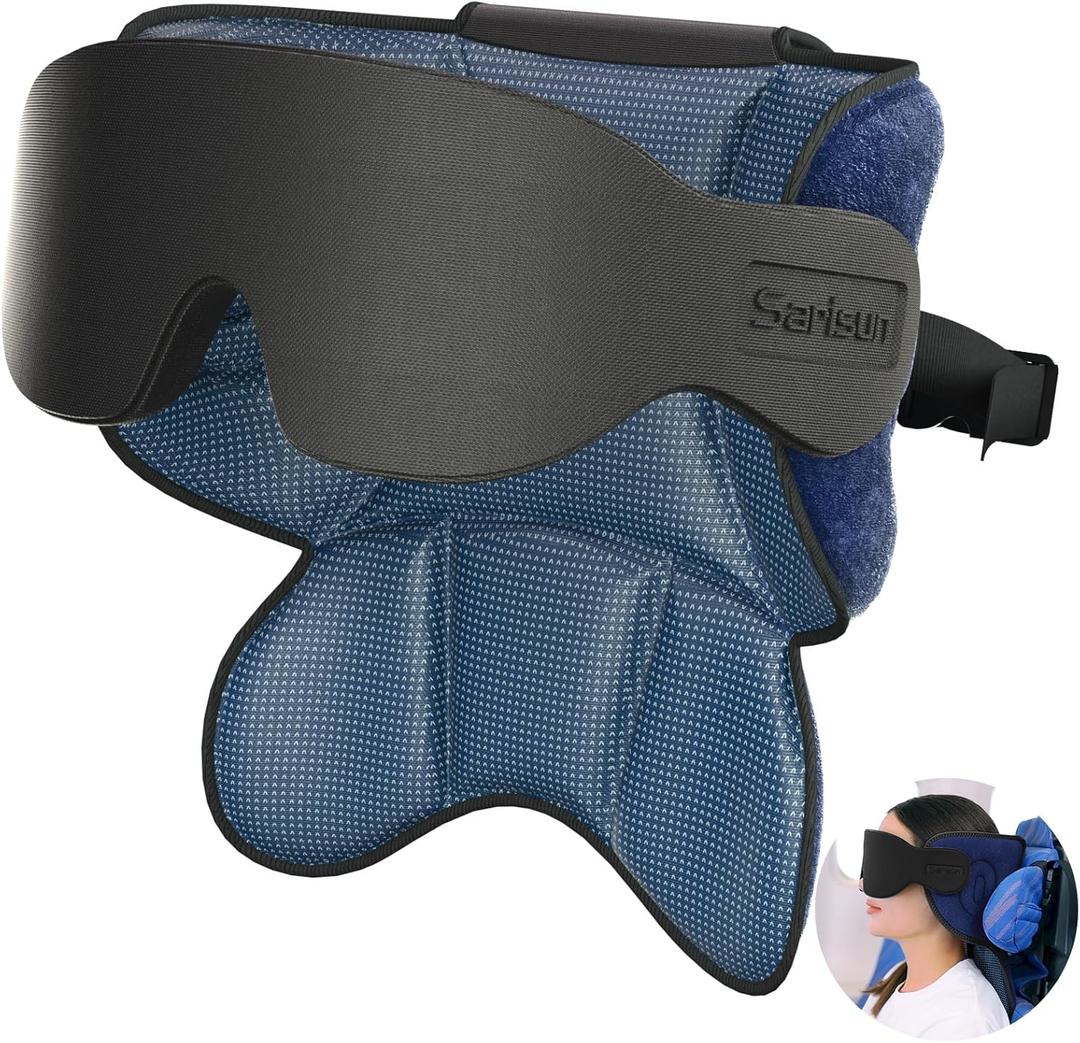 Travel Pillows for Airplanes, Airplane Pillow with Sleep Eye Mask, 360 Support Headrest, Travel Essentials, Adjustable Airplane Head Strap for with/Out Headrest Seat, Mottled Blue