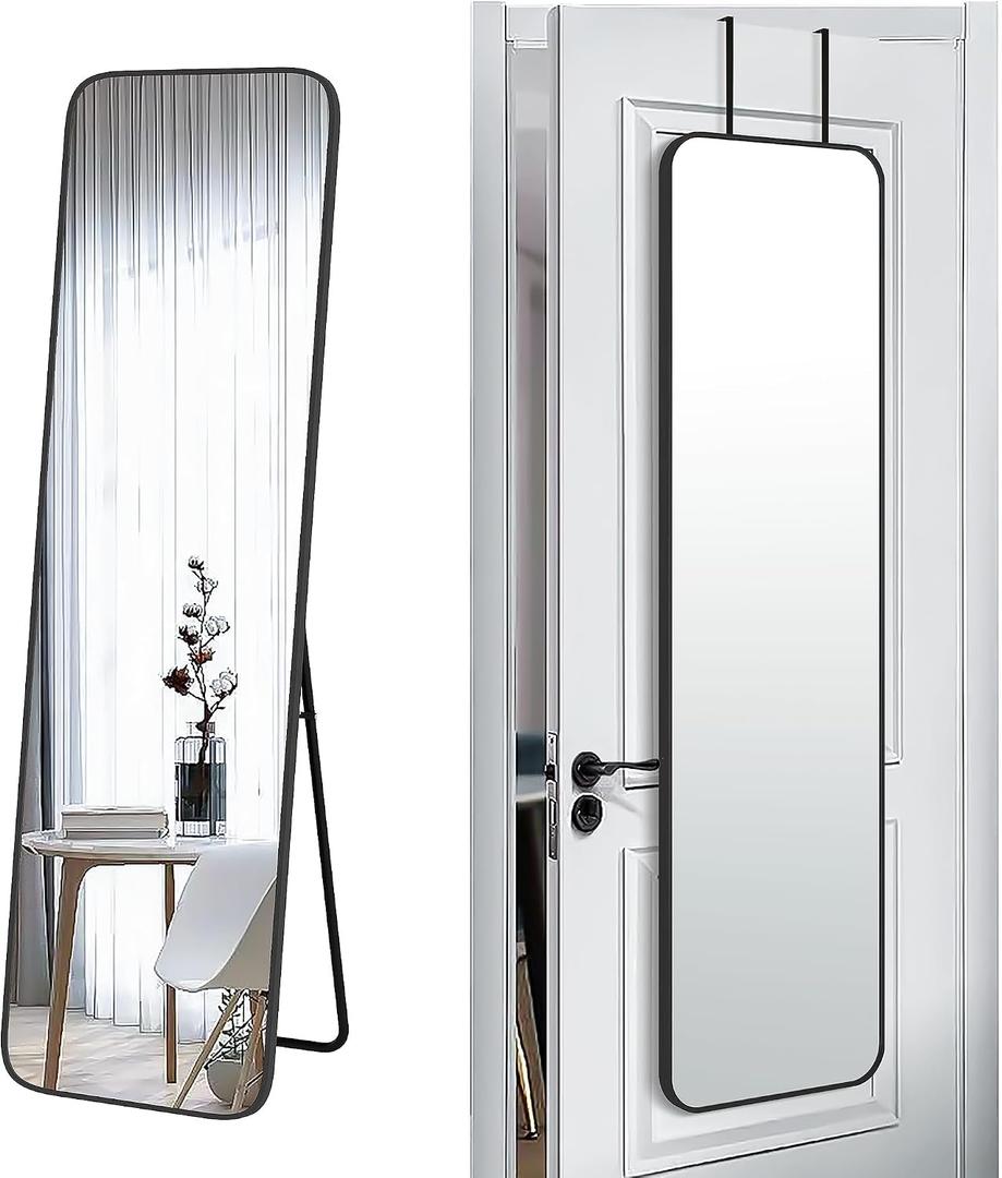 SCWF-GZ 57x16 Door Hanging Full Length Mirror, Floor Stand (Height 5.7ft just Body in1.3ft) Wall Mounted Metal Frame Rectangle Dressing Mirrors for Bedroom Bathroom Room 57 inch Black
