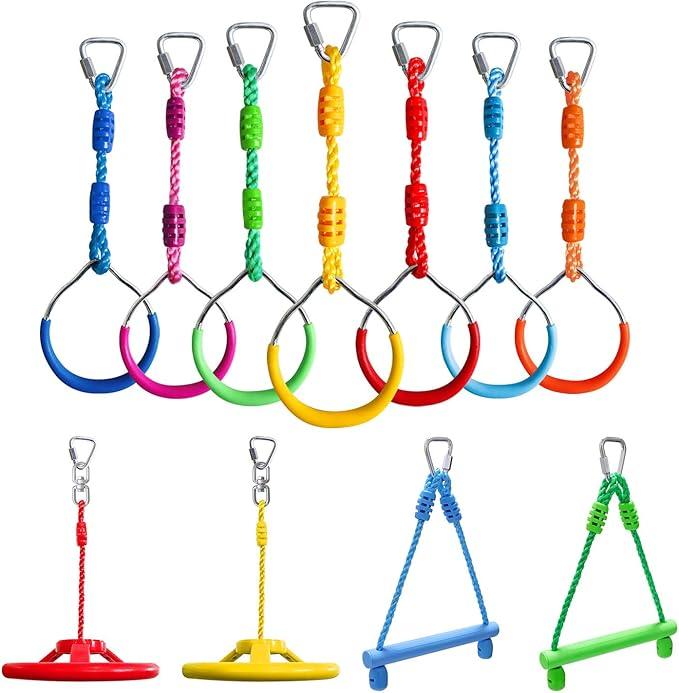 Craft Ninja Warrior Obstacle Course Accessories Kids Outdoor Play - 7pc Rings, 2pc Swing Trapeze Wheels & 2pc Monkey Bars, Multicolored