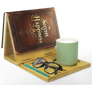 ZenRich Bamboo Wooden Book Stand Holder - Unique Book Nook Reading Valet with Cup, Glasses & Pen/Tablet/Kindle Holder. Foldable Bookmark - Ideal for Lovers