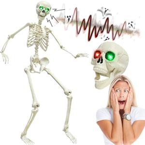 5.4FT Full Size Halloween Skeleton, Life Size Posable Skeleton with Glowing Eyes Scary Sound, Plastic Skeleton with Movable Joints for Halloween Decoration