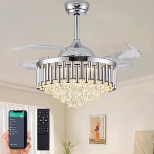 YOLIZUOT 36 Inch Dimmable Crystal Ceiling Fan Retractable Fan Blade Modern Fandelier Ceiling Fans with Light, Chandelier Fan with Remote Control for Bedroom/Living Room,Chrome