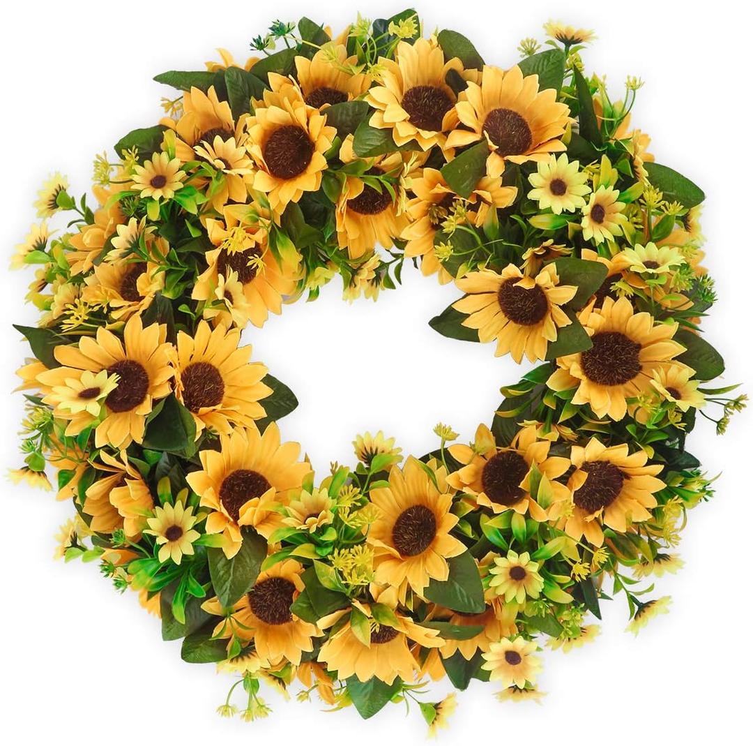 BOMAROLAN Artificial Sunflower Wreath 20 Inch Summer Fall Large Wreaths Springtime All Year Around Flower Green Leaves for Outdoor Front Door Indoor Wall Or Window Décor
