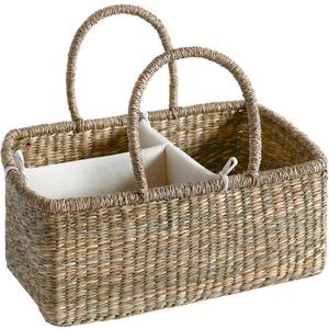 Premium Wicker Baby Diaper Caddy Organizer, Woven Seagrass Basket with Handles, Diaper Basket with Dividers (Rectangle)