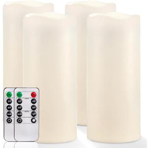 Homemory 10" x 4" Large Waterproof Outdoor Flameless Candles with Remote Control and Timer, Battery Operated Flickering LED Pillar Candles for Outdoor Larterns, Porch, Long Lasting, Set of 4