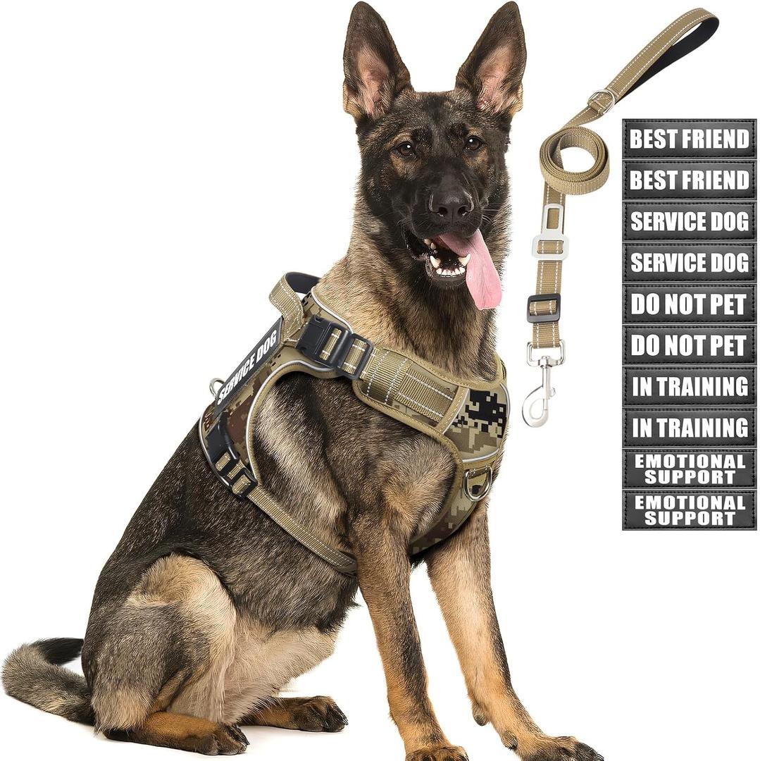 Tactical Dog Harness and Leash Set for Large Dogs,Heavy Duty No Pull Service Dog Vest and 10 Patches with Dog Seat Belt,Reflective Adjustable Pet Harness for Training Walking Hiking Camo L
