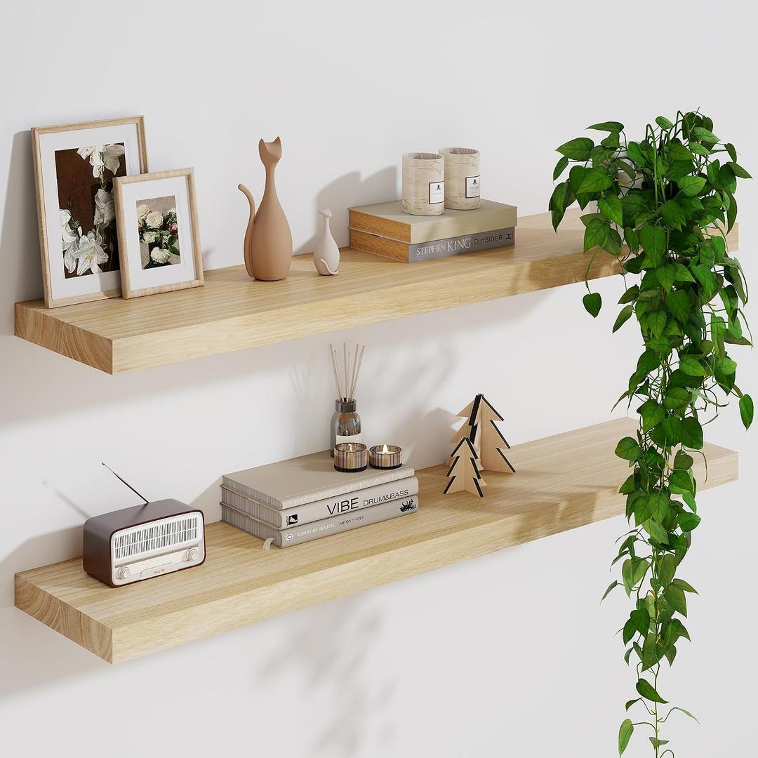 Solid Wood Floating Shelves For Wall, 36”W x 9”D x 1.56”H Large Wall Shelves for Living Room Bedroom Bathroom Kitchen Drcor Storage with Invisible Heavy-Duty Metal Bracket, Natural, Set of 2