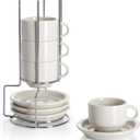 Sweese Porcelain Espresso Cups Set, 2.5 oz, with Saucers, Metal Stand, Stackable - Dove Grey, 4 Pack