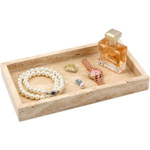 Natural Travertine Tray, 9.7x5.5 Inch Bathroom Vanity Organizer for Perfume Jewelry Candle Makeup,Decorative Stone Tray for Bathroom Toilet Tank Kitchen Sink Table, Beige
