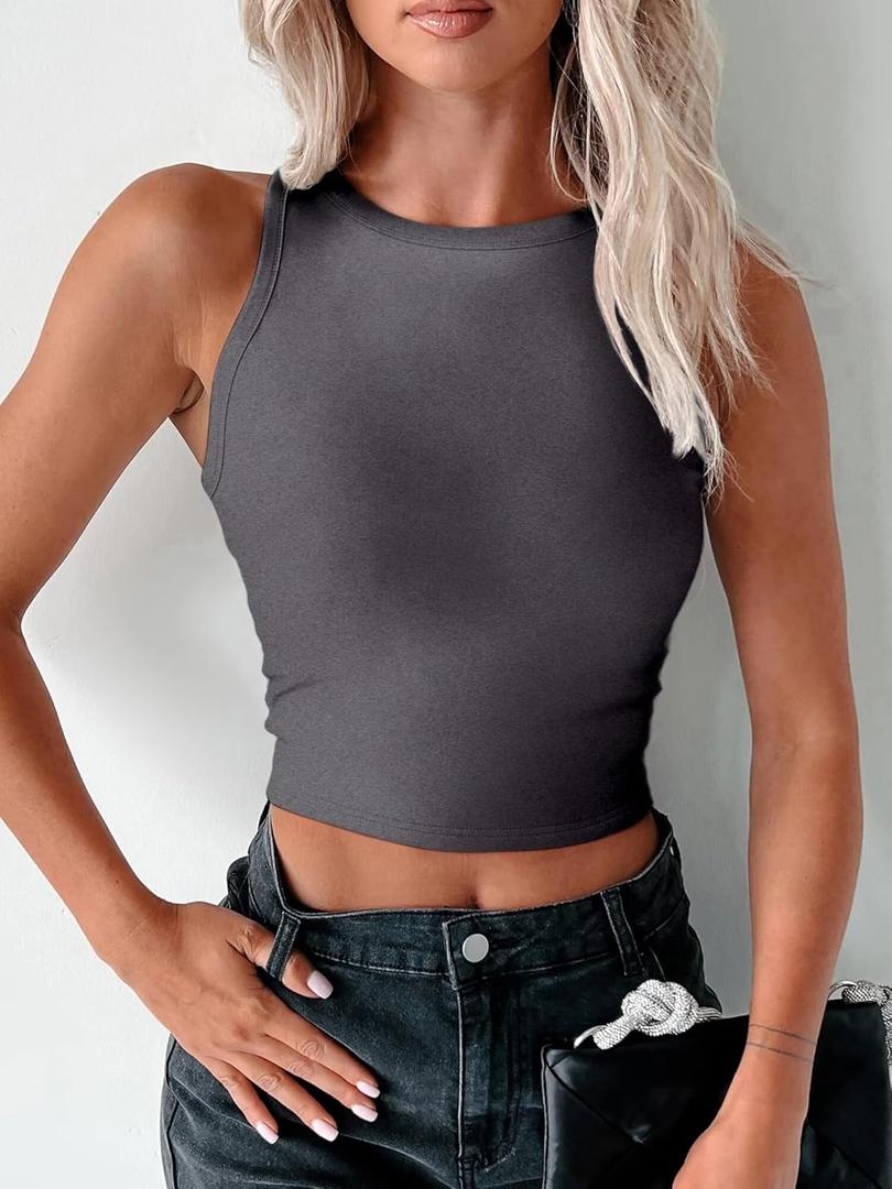 Versatile High Neck Crop Tank for Women - Workout, Yoga, and Daily Wear, Slimming Ribbed Bodycon Sleeveless Top (Gray) S