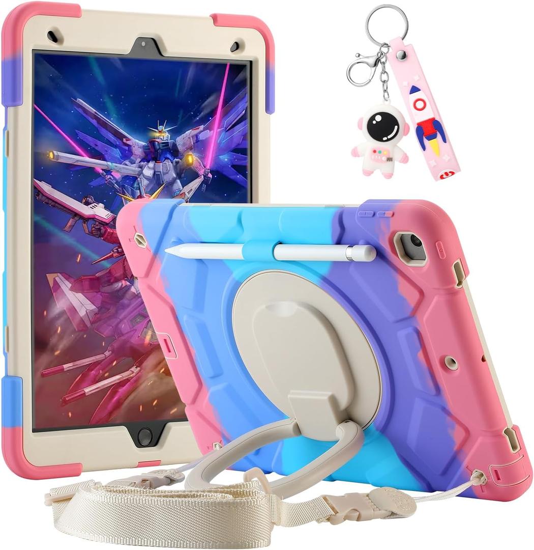 for iPad 9th/8th/7th Generation Case 10.2", Heavy Sturdy Shockproof Kids Cover, with Rotating Stand/Pencil Holder/Shoulder Strap for iPad 10.2 Case 2021/2020/2019 Girls (Rainbow Pink)