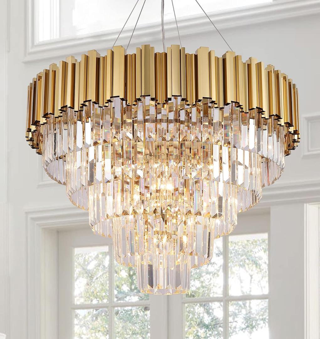 3 x Gold Crystal Chandelier Lighting, 9 Light Crystal Dining Room Chandelier Light Fixture for High Ceiling Foyer Hall Entryway 5 Tier 27.5 inch