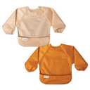 Tiny Twinkle Mess Proof Baby Bib |2 Pack Waterproof Smock Bib for Eating, Machine Washable Full Sleeve with Pocket (Sand Cinnamon, Small 6-24 Months)