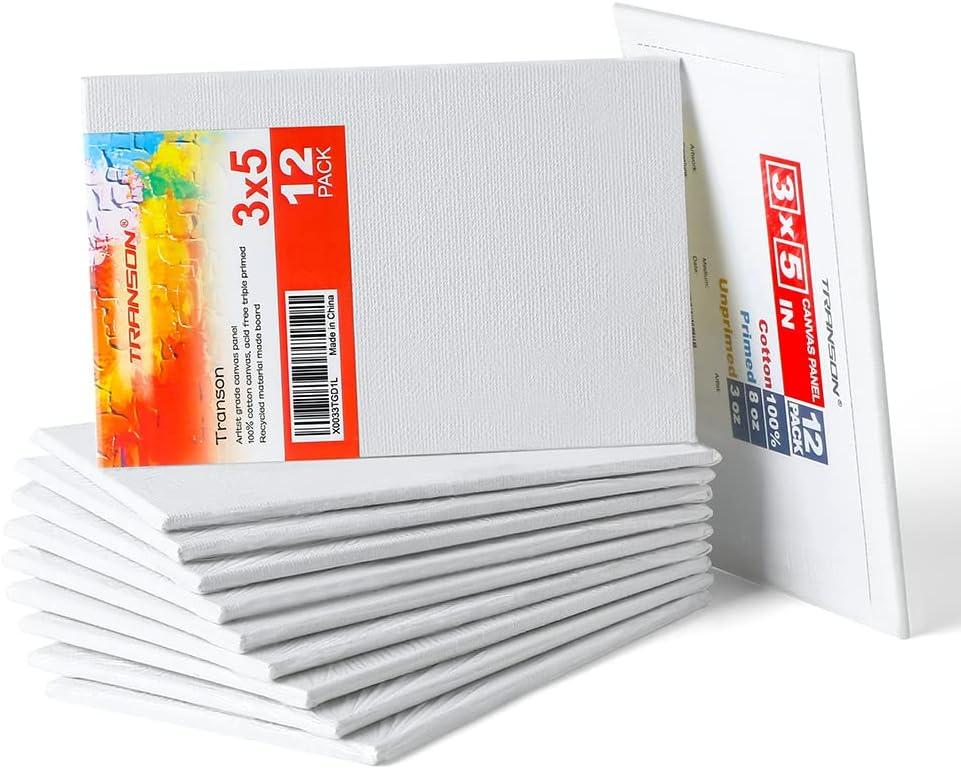 Transon 12 Pack 3x5 Inch Acrylic Painting Canvas, with Heavy Duty MDF Backing Boards, 100% Cotton Acid-Free Primed Canvas Panels for Kids Students Beginners Art Crafts