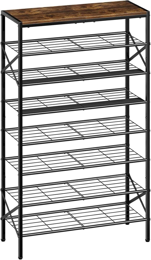 8-Tier Tall Shoe Rack Organizer Shoe Storage for Entryway 24-32 Pairs Metal Shoe Rack for Closet Heavy-Duty Shoe Rack with Wooden Top Shelf for Garage Rustic Brown